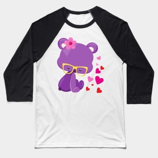 Valentine's Day Bear, Purple Bear, Glasses, Hearts Baseball T-Shirt